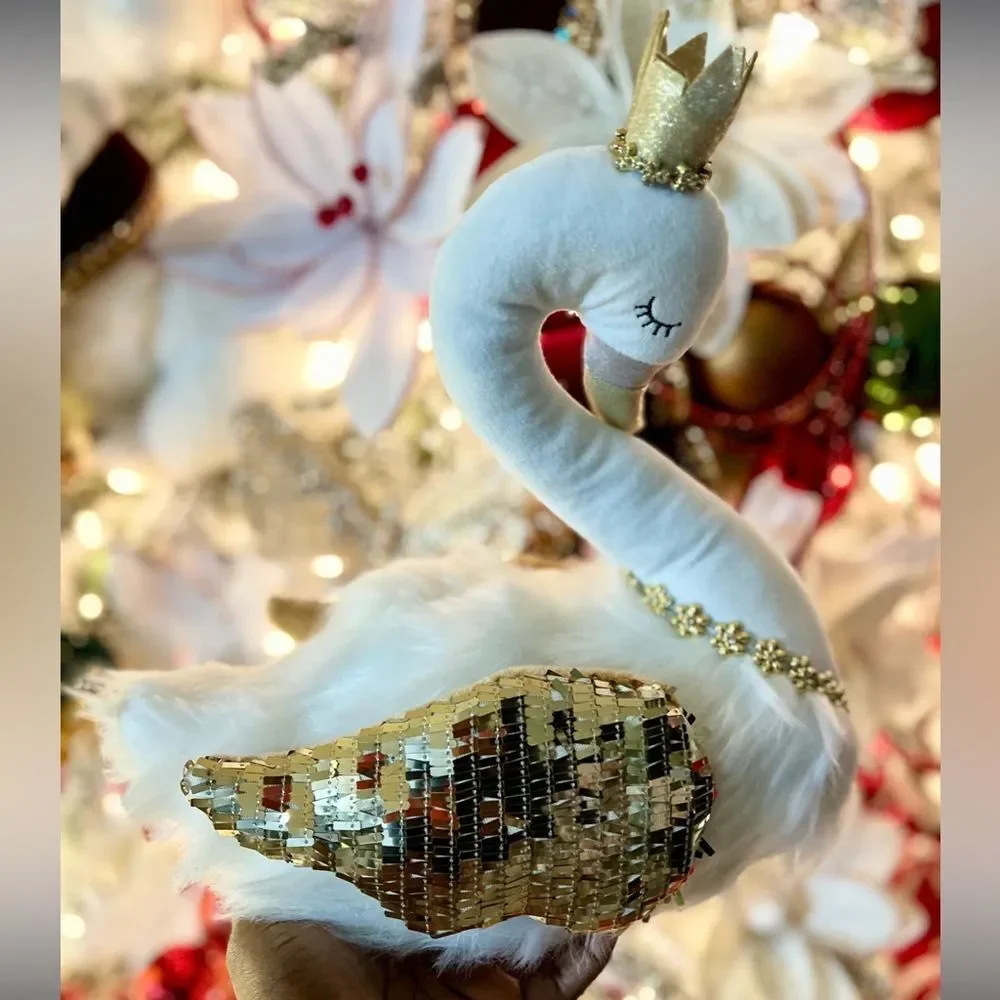 Viral Sugarplum Dreams White Elegant Furry Swan With Glitter Accent Wing Crown